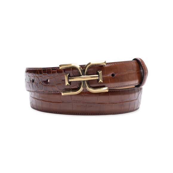 Women\'s Double-e Logo Plaque Buckle Textured Jean And Trouser Belt, Brown🐣